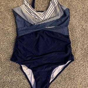 Navy/ gray/ white bathing suit